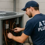 Technician Repairs Commercial Air Conditioning Unit